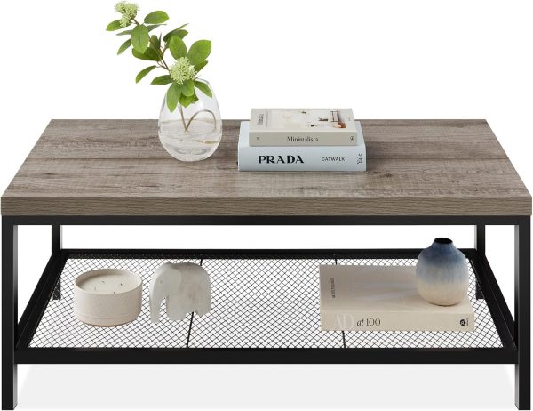 Best Choice Products 44in 2-Tier Rectangular Tray Top Coffee Table, Recessed Accent Furniture for Home w/Metal Frame, Shelf - Brown