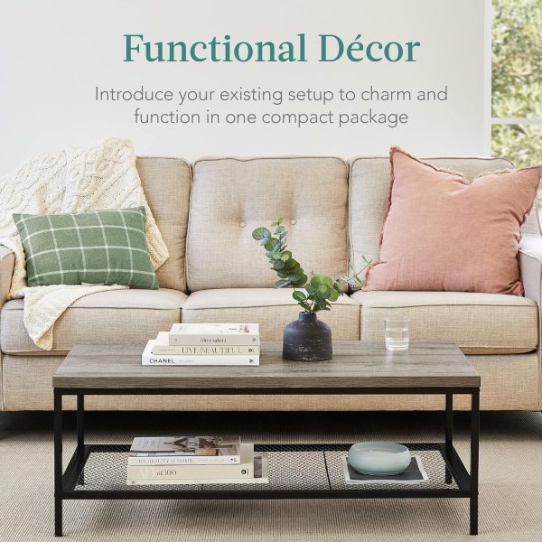 Best Choice Products 44in 2-Tier Rectangular Tray Top Coffee Table, Recessed Accent Furniture for Home w/Metal Frame, Shelf - Brown - Image 3