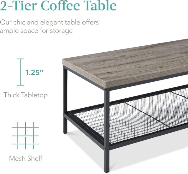 Best Choice Products 44in 2-Tier Rectangular Tray Top Coffee Table, Recessed Accent Furniture for Home w/Metal Frame, Shelf - Brown - Image 4