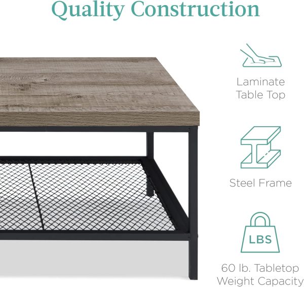 Best Choice Products 44in 2-Tier Rectangular Tray Top Coffee Table, Recessed Accent Furniture for Home w/Metal Frame, Shelf - Brown - Image 7