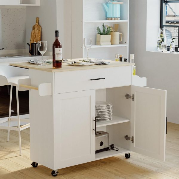 IRONCK Rolling Kitchen Island Table on Wheels with Drop Leaf, Storage Cabinet, Drawer, Spice Rack, Towel Rack, Kitchen Cart, White - Image 2