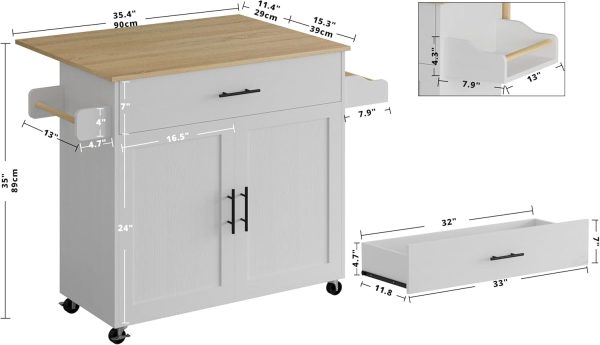 IRONCK Rolling Kitchen Island Table on Wheels with Drop Leaf, Storage Cabinet, Drawer, Spice Rack, Towel Rack, Kitchen Cart, White - Image 5