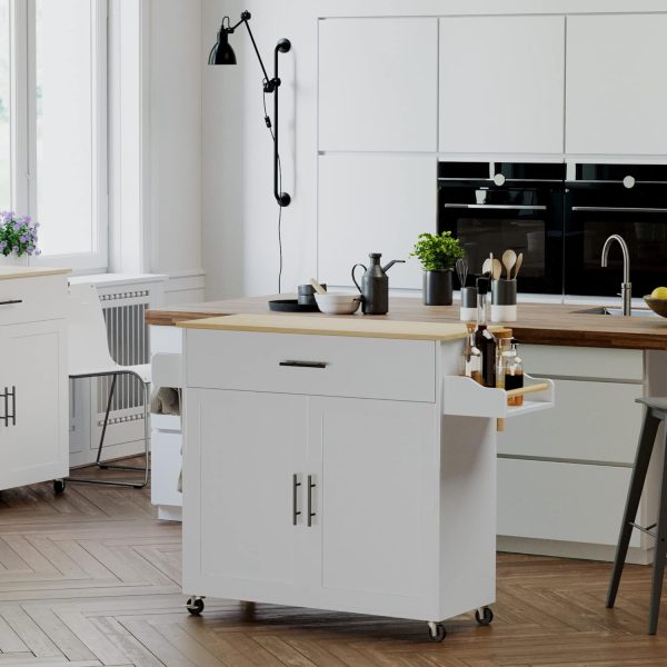 IRONCK Rolling Kitchen Island Table on Wheels with Drop Leaf, Storage Cabinet, Drawer, Spice Rack, Towel Rack, Kitchen Cart, White - Image 8