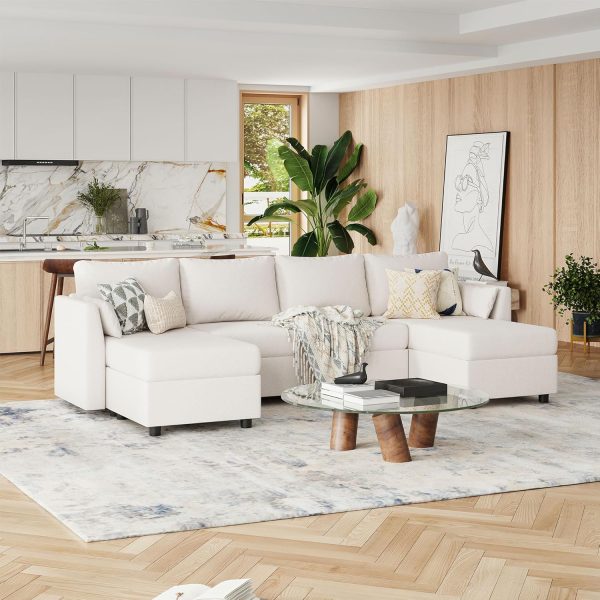 Modular Sectional Sofa with Storage, Convertible 6 Seat Sectional Couches for Living Room, U Shaped Sectional Sofa with Chaise, Comfy Sectional Sleeper Sofa, High Supportive Sponge-Beige - Image 2