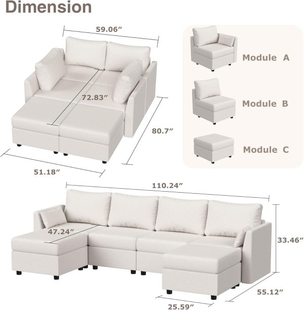 Modular Sectional Sofa with Storage, Convertible 6 Seat Sectional Couches for Living Room, U Shaped Sectional Sofa with Chaise, Comfy Sectional Sleeper Sofa, High Supportive Sponge-Beige - Image 3