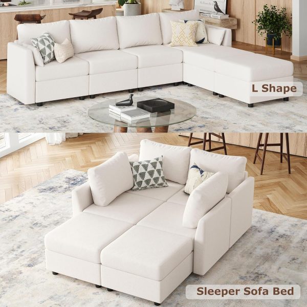 Modular Sectional Sofa with Storage, Convertible 6 Seat Sectional Couches for Living Room, U Shaped Sectional Sofa with Chaise, Comfy Sectional Sleeper Sofa, High Supportive Sponge-Beige - Image 4