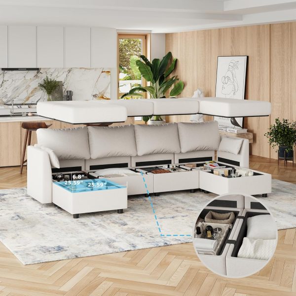 Modular Sectional Sofa with Storage, Convertible 6 Seat Sectional Couches for Living Room, U Shaped Sectional Sofa with Chaise, Comfy Sectional Sleeper Sofa, High Supportive Sponge-Beige - Image 5