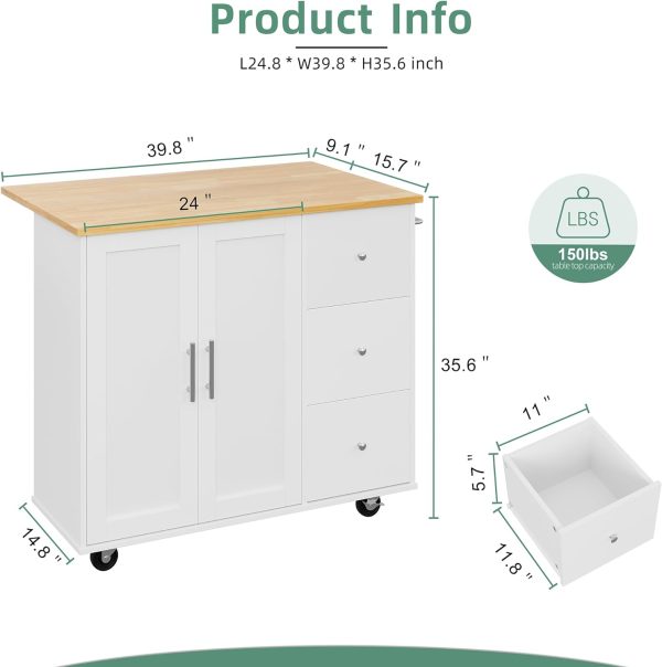 Shintenchi Rolling Kitchen Island Cart with Folding Drop Leaf Breakfast Bar, Portable Trolley Island with Large Storage Cabinet, Shelf and Drawer, White - Image 4