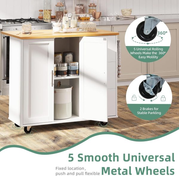 Shintenchi Rolling Kitchen Island Cart with Folding Drop Leaf Breakfast Bar, Portable Trolley Island with Large Storage Cabinet, Shelf and Drawer, White - Image 5