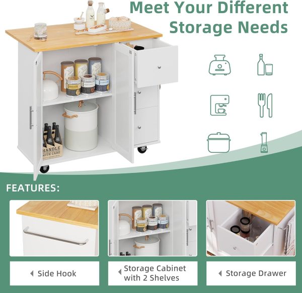 Shintenchi Rolling Kitchen Island Cart with Folding Drop Leaf Breakfast Bar, Portable Trolley Island with Large Storage Cabinet, Shelf and Drawer, White - Image 6