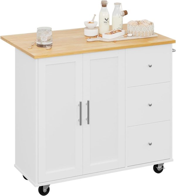Shintenchi Rolling Kitchen Island Cart with Folding Drop Leaf Breakfast Bar, Portable Trolley Island with Large Storage Cabinet, Shelf and Drawer, White - Image 7