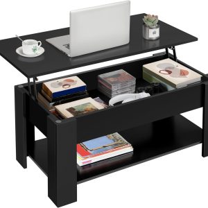 Yaheetech Wooden Coffee Table, Lift Top Coffee Table with Large Hidden Storage Shelf, Lift Tabletop Dining Table for Living Room, Home Small Space, 38.6in, Black