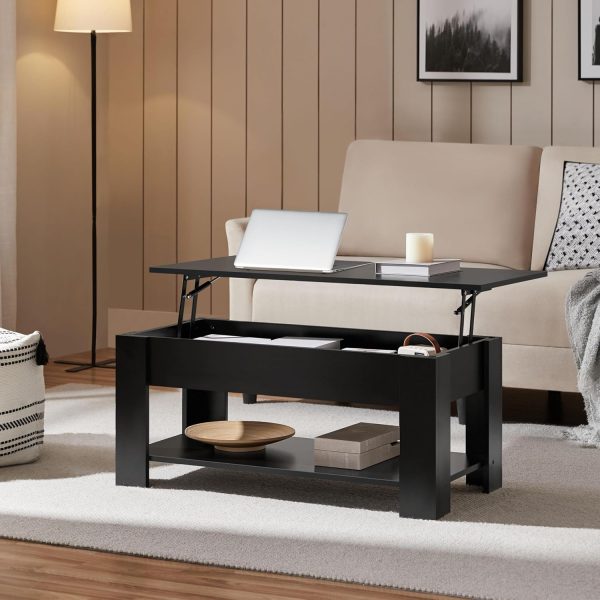 Yaheetech Wooden Coffee Table, Lift Top Coffee Table with Large Hidden Storage Shelf, Lift Tabletop Dining Table for Living Room, Home Small Space, 38.6in, Black - Image 2
