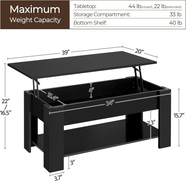 Yaheetech Wooden Coffee Table, Lift Top Coffee Table with Large Hidden Storage Shelf, Lift Tabletop Dining Table for Living Room, Home Small Space, 38.6in, Black - Image 3